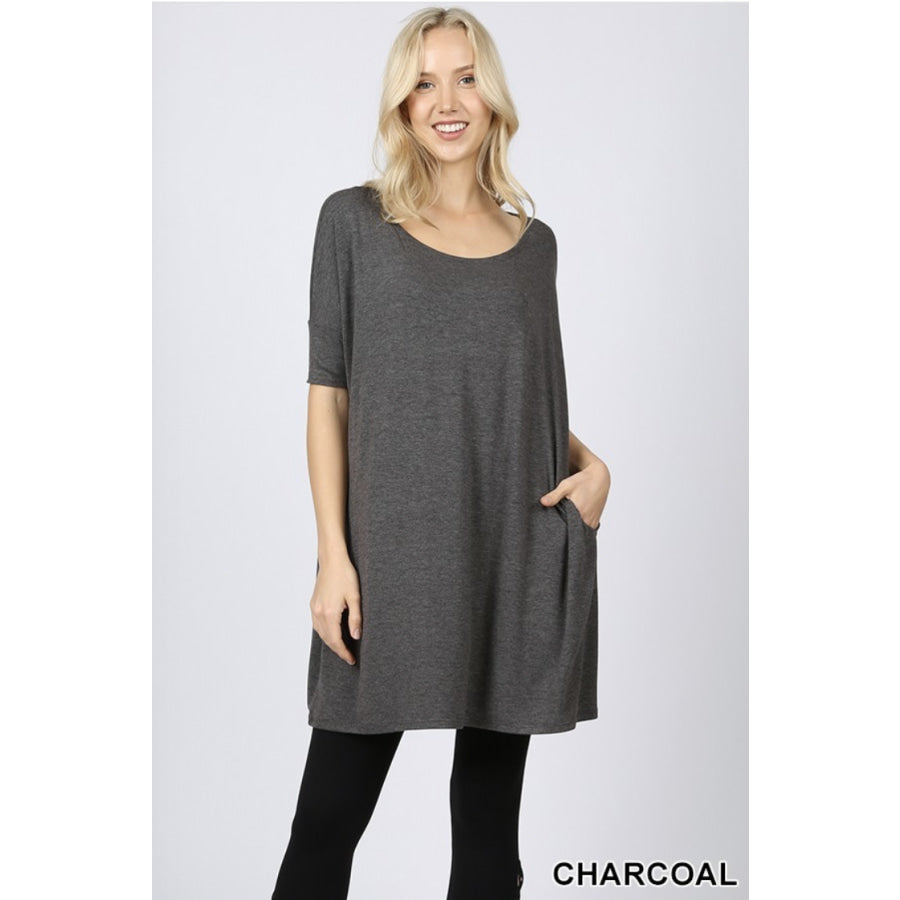 NEW! Half Sleeve Drop Shoulder Boxy Top with Pockets Charcoal / S Tops