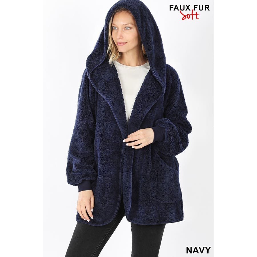 NEW! Hooded Faux Fur Jacket with Pockets Navy / S Jacket