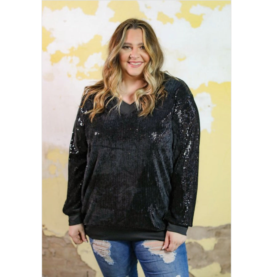 Coming Soon! Black Sequin V-Neck Balloon Sleeve Top (ETA 3-4 weeks) Black / 1XL Tops