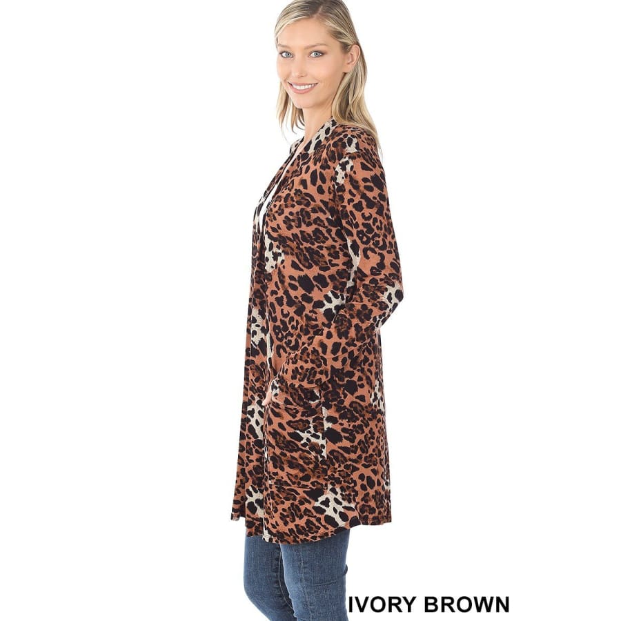 NEW!! Leopard and Camouflage Print Mid-Thigh Slouchy Pocket Open Cardigan Ivory/Brown Leopard / S Coverups