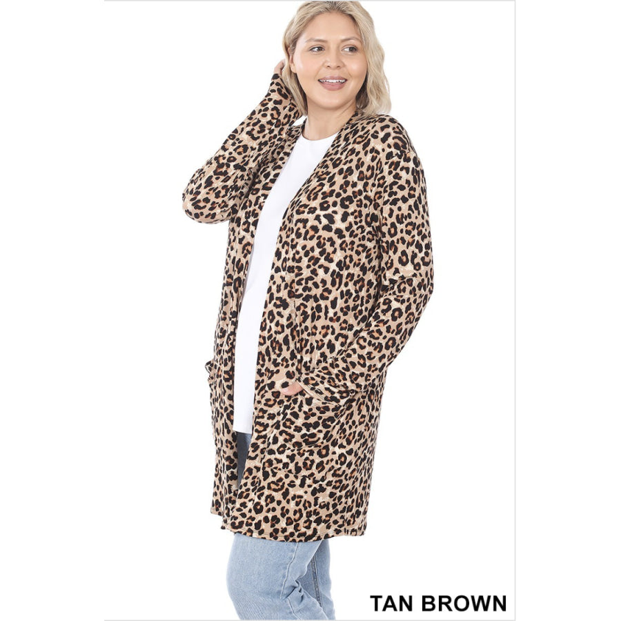 NEW!! Leopard Print Mid-Thigh Slouchy Pocket Open Cardigan Tan Brown / 1XL Coverups
