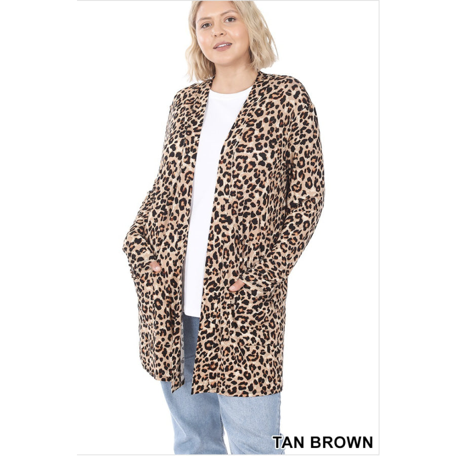 NEW!! Leopard Print Mid-Thigh Slouchy Pocket Open Cardigan Coverups
