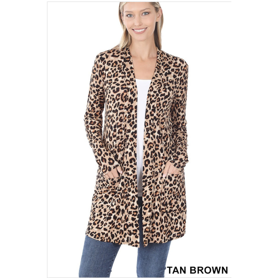 NEW!! Leopard Print Mid-Thigh Slouchy Pocket Open Cardigan Coverups