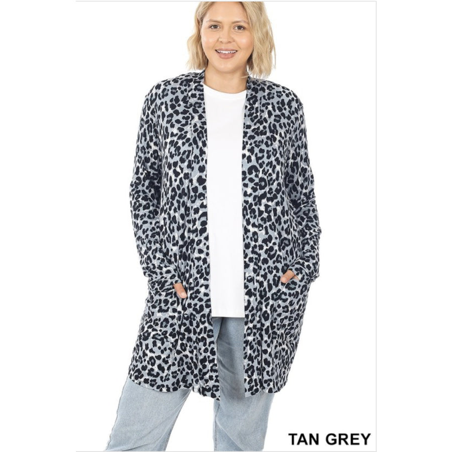 NEW!! Leopard Print Mid-Thigh Slouchy Pocket Open Cardigan Tan Grey / 1XL Coverups