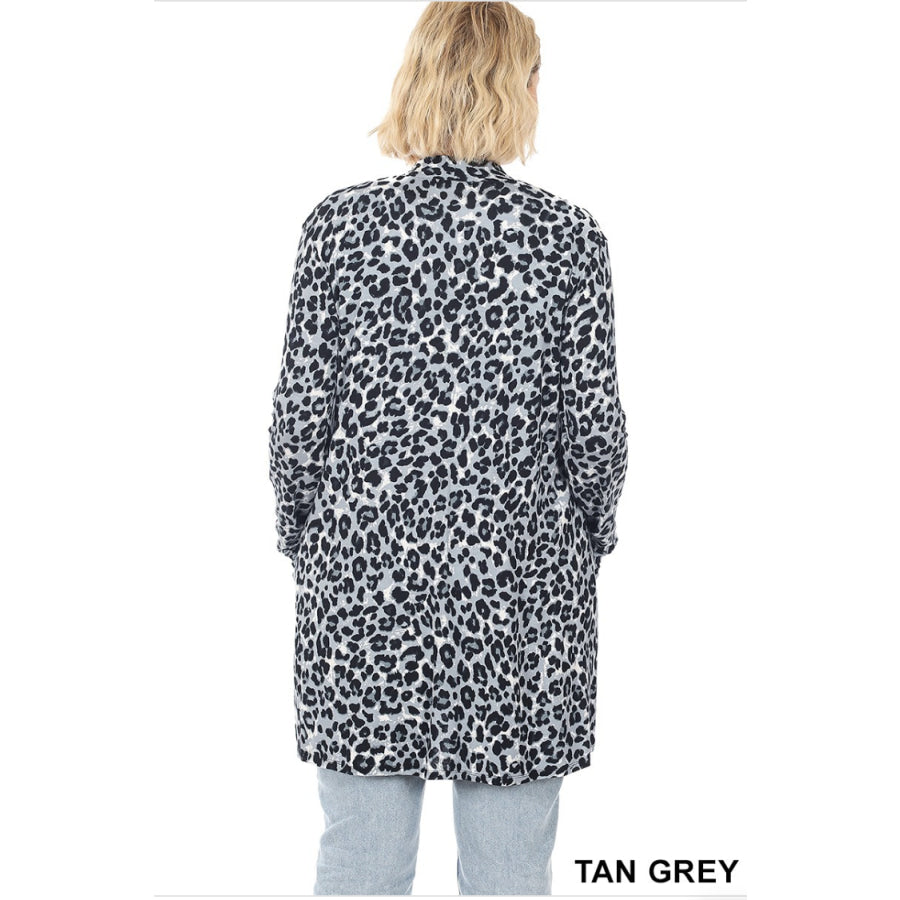 NEW!! Leopard Print Mid-Thigh Slouchy Pocket Open Cardigan Coverups