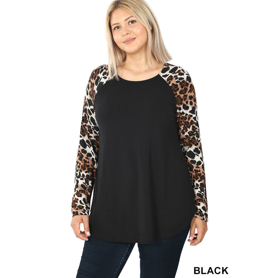 Arriving soon in NOV! Leopard Print Raglan Long Sleeve Top Black / 1XL Tops