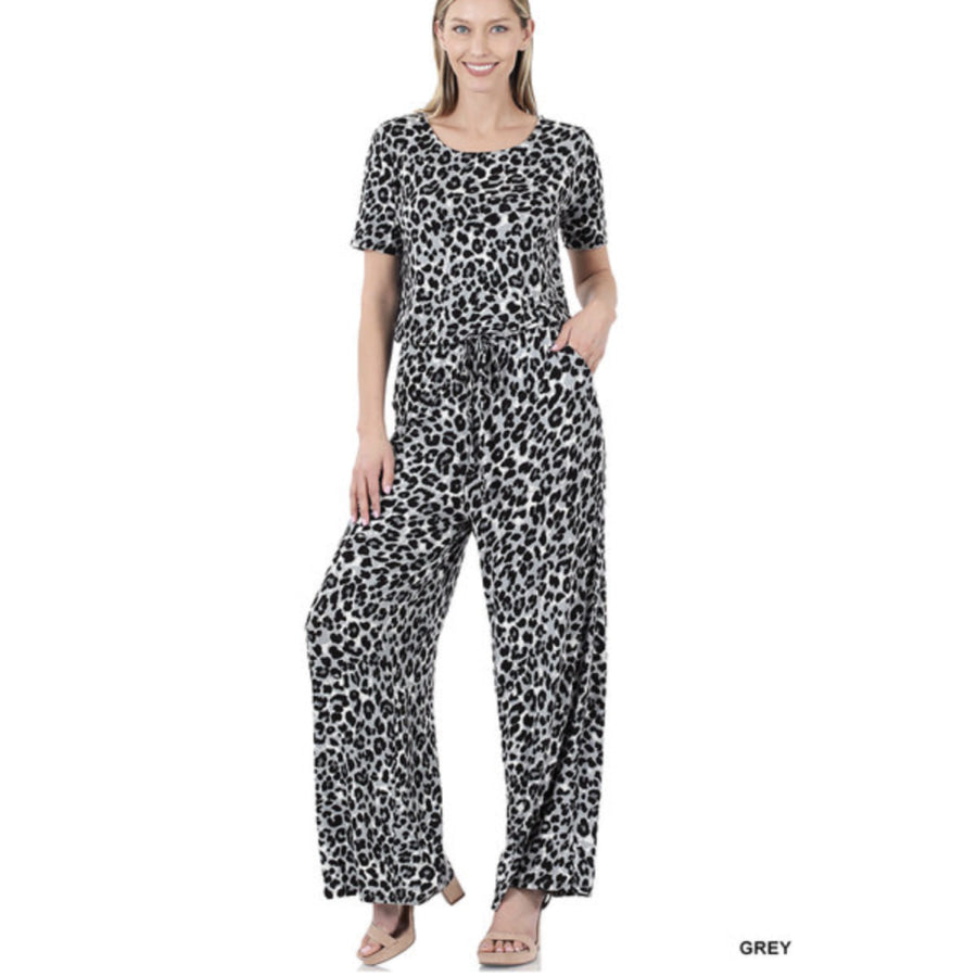 NEW! Leopard Print Short Sleeve Jumpsuit with Pockets S / Grey Jumpsuits and Rompers