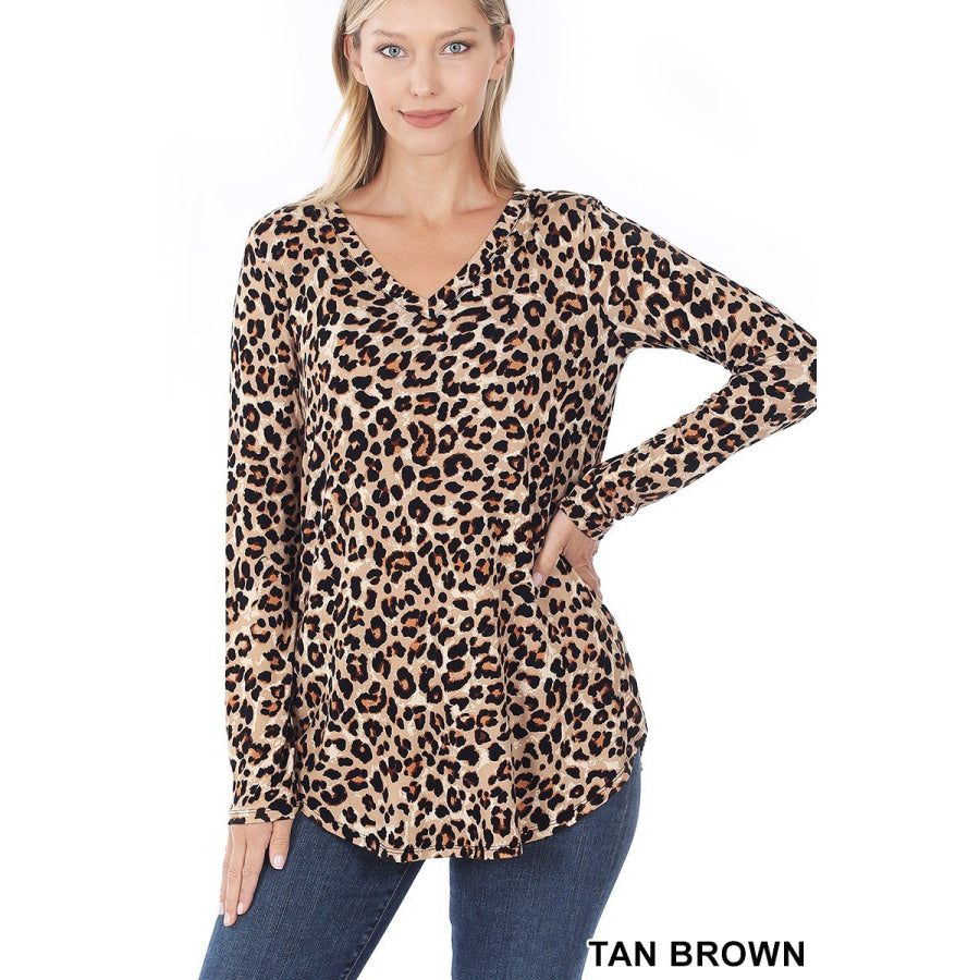 Arriving soon in NOV! Leopard Print V-neck Long Sleeve Top Tan Brown / S Tops