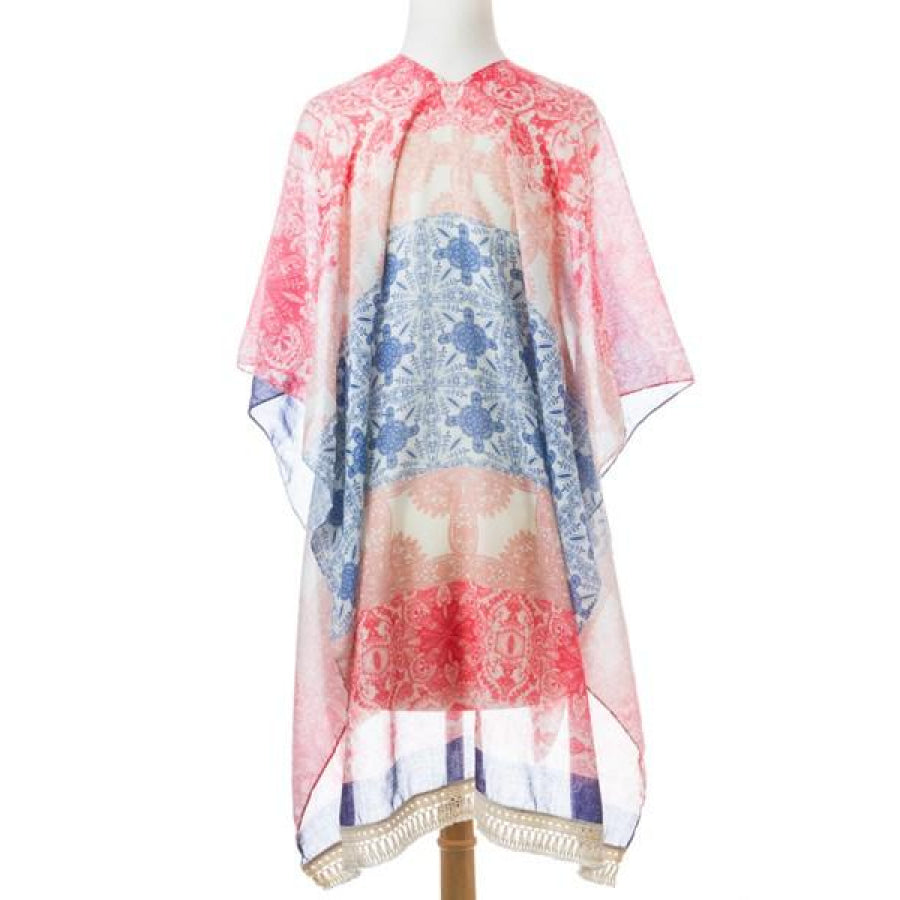 New! Lightweight Summer Poncho With Tassel Trim Onesize / Coral Coverups