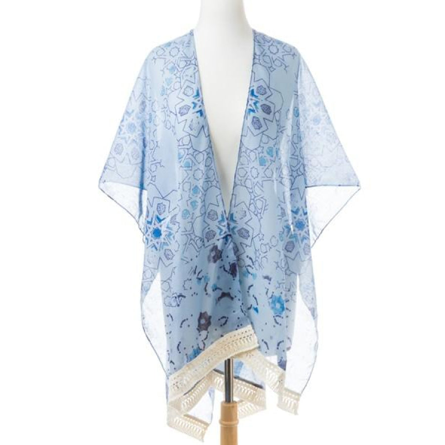 New! Lightweight Summer Poncho With Tassel Trim Onesize / Bluetassel Coverups