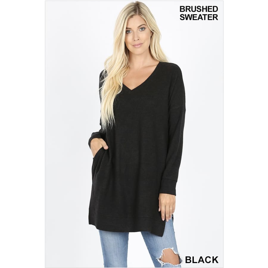 NEW! Long Sleeve V-Neck Brushed Melange Sweater with Pockets Black / S Tops