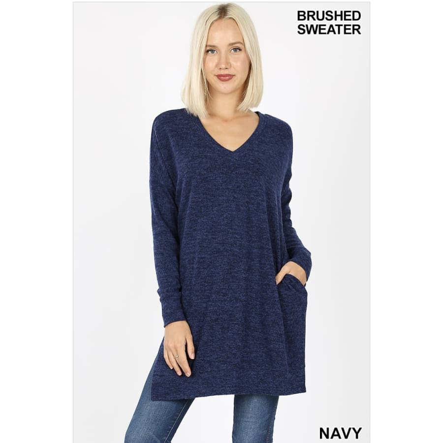 NEW! Long Sleeve V-Neck Brushed Melange Sweater with Pockets Navy / S Tops