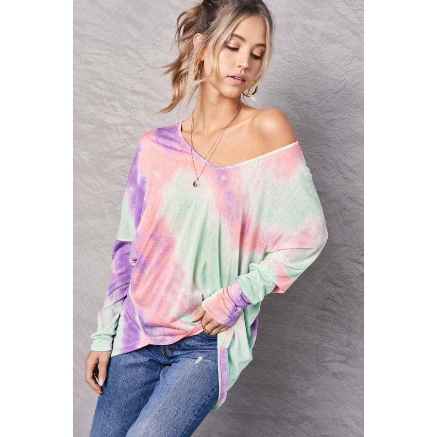 NEW! Long Sleeve Wide Cut V-Neck Tie Dye Top Tops
