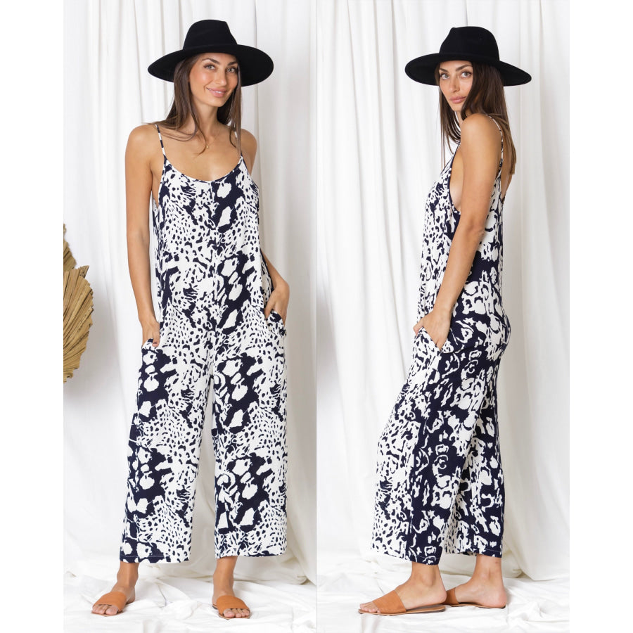 New! Love Lily The Label - Navy Leopard Pippa Jumpsuit with Pockets Jumpsuit