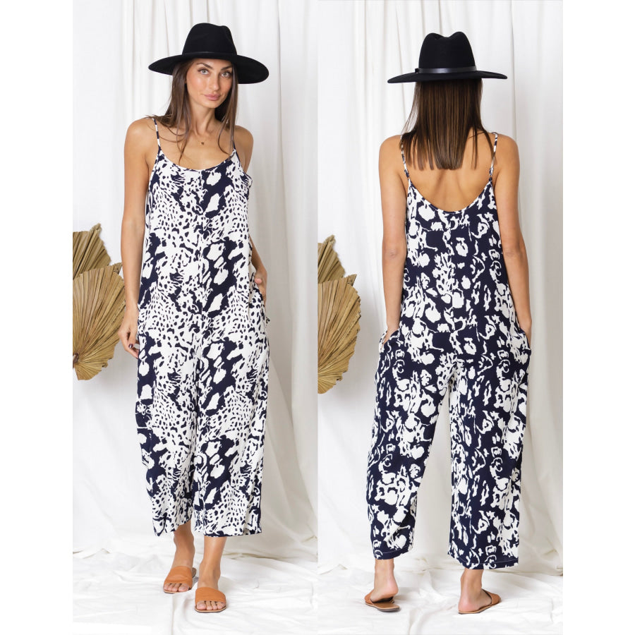 New! Love Lily The Label - Navy Leopard Pippa Jumpsuit with Pockets Jumpsuit