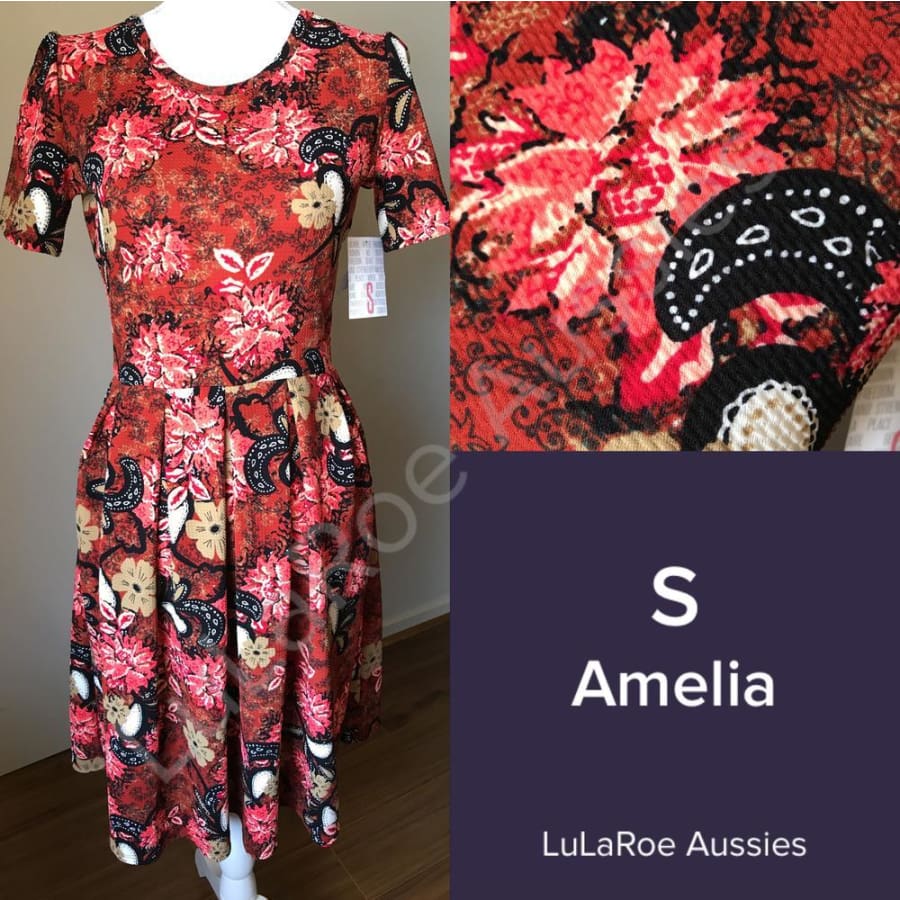 Lularoe Amelia S / Crimson/coral/black/tan Floral Paisley