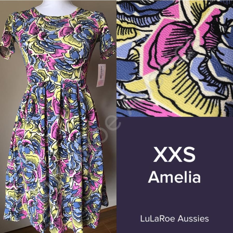 Lularoe Amelia Xxs / Yellow With Blue/lavender/pea Floral