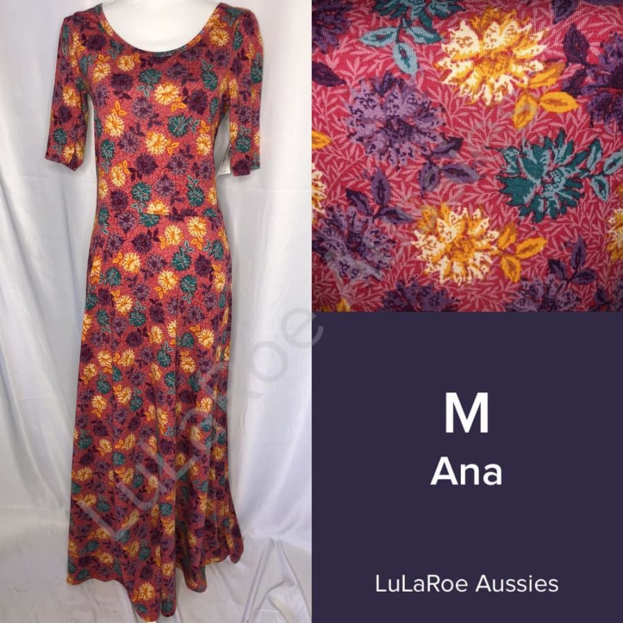 LuLaRoe Ana M / Dark Rose with Yellow Purple Green floral Dresses