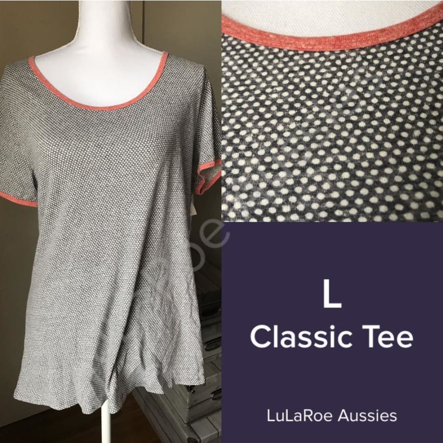 Lularoe Classic T L / Faded Grey With White Polka Dots And Red Ringer Tops