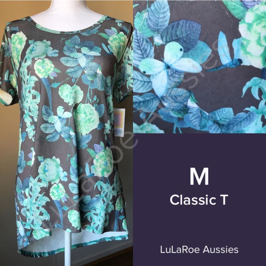 Lularoe Classic T M / Faded Grey With Teal/aqua Floral And Butterfly Tops