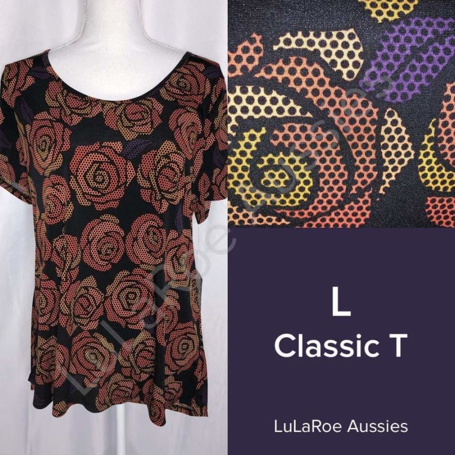 LuLaRoe Classic T L / Black with Pixelated Roses in Orange Mustard Purple - Slinky Tops