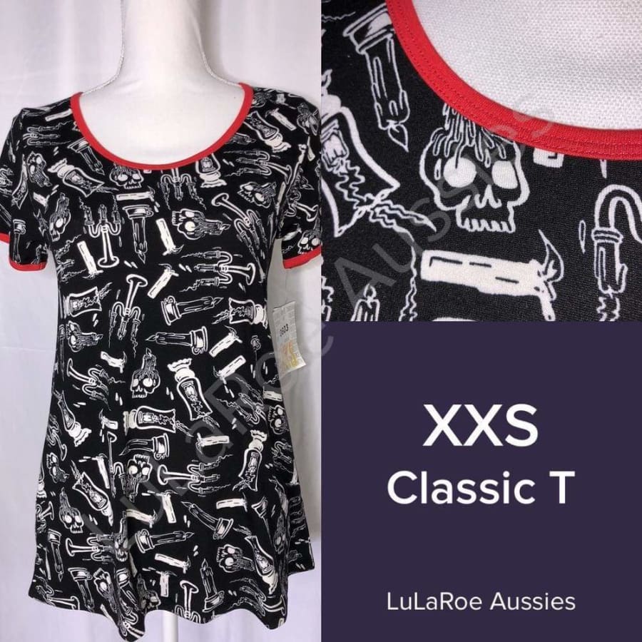 LuLaRoe Classic T XXS / Black with White Skulls Red Ringer Tops