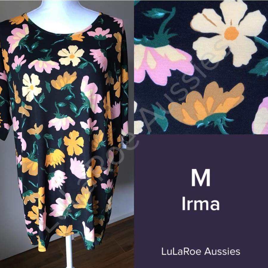 Lularoe Irma M / Black With Mustard/gold/pink/cream/hunter Floral Tops