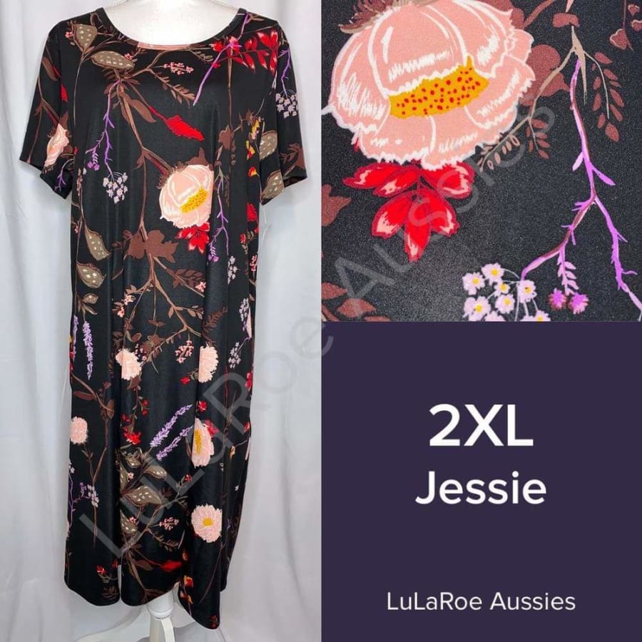 LuLaRoe Jessie - Flared Dress with Pockets! Black with pink floral / 2XL Dress