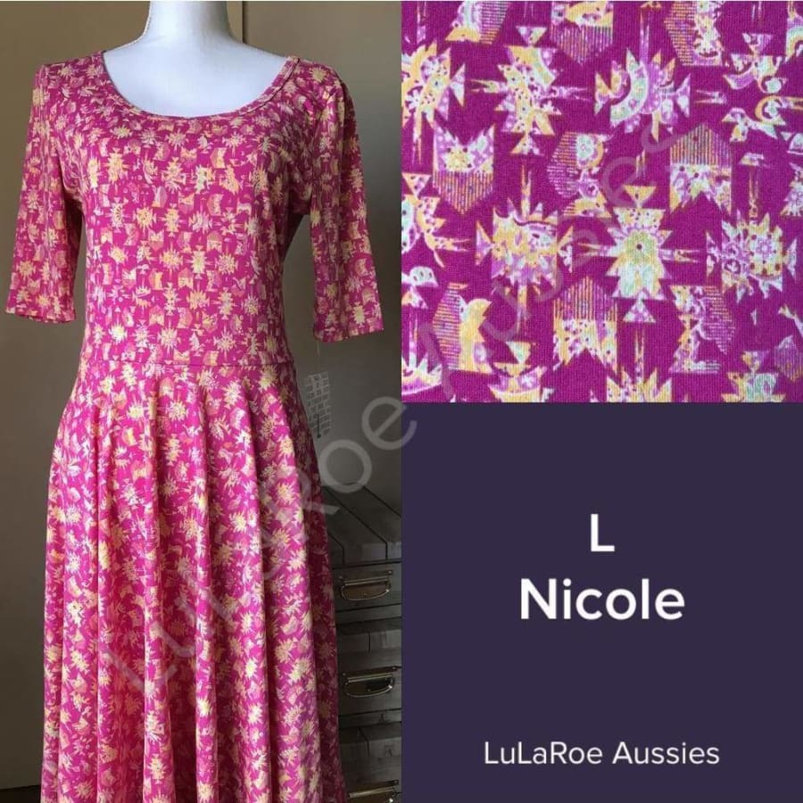 Lularoe Nicole L / Dark Pink With Yellow/green/cream Tribal Jersey Dresses