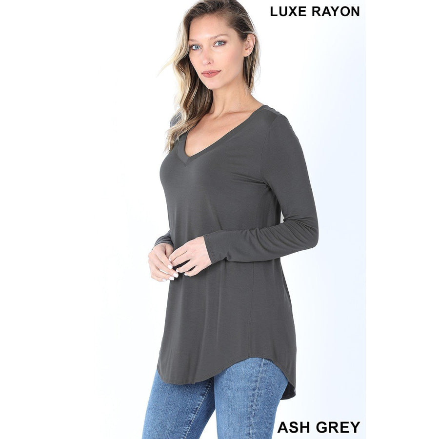 Luxe Long Sleeve V-Neck Hi-Low Hem Top Tops