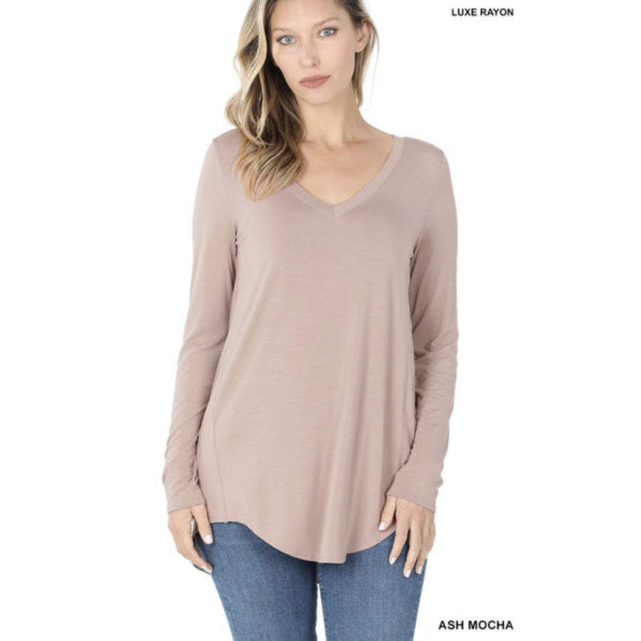 Luxe Long Sleeve V-Neck Hi-Low Hem Top - Ash Mocha S Tops