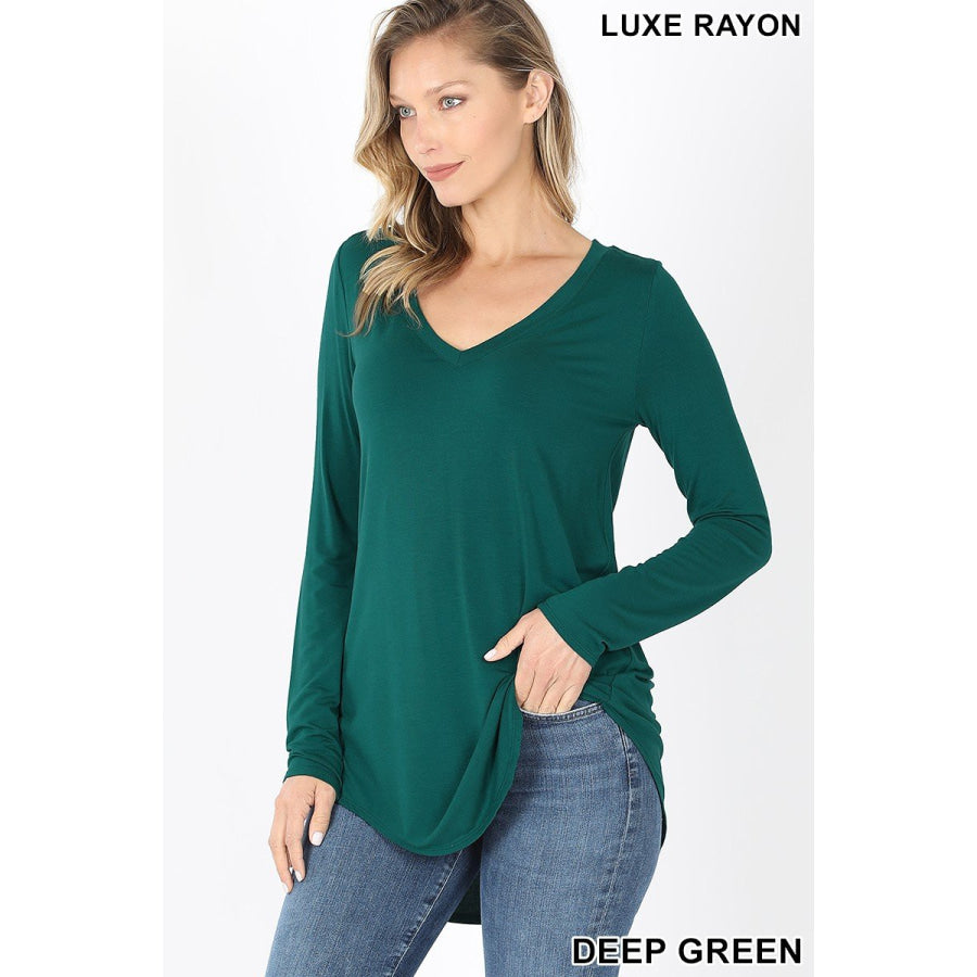 Luxe Long Sleeve V-Neck Hi-Low Hem Top Tops