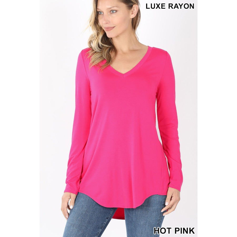 Luxe Long Sleeve V-Neck Hi-Low Hem Top Tops