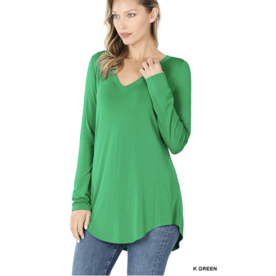 Luxe Long Sleeve V-Neck Hi-Low Hem Top - Kelly Green Tops