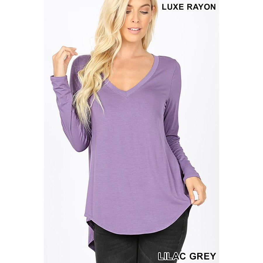 Luxe Long Sleeve V-Neck Hi-Low Hem Top Tops