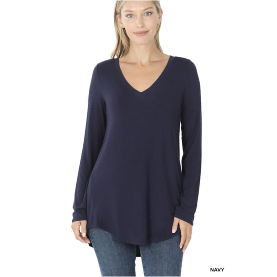Luxe Long Sleeve V-Neck Hi-Low Hem Top - Navy S Tops
