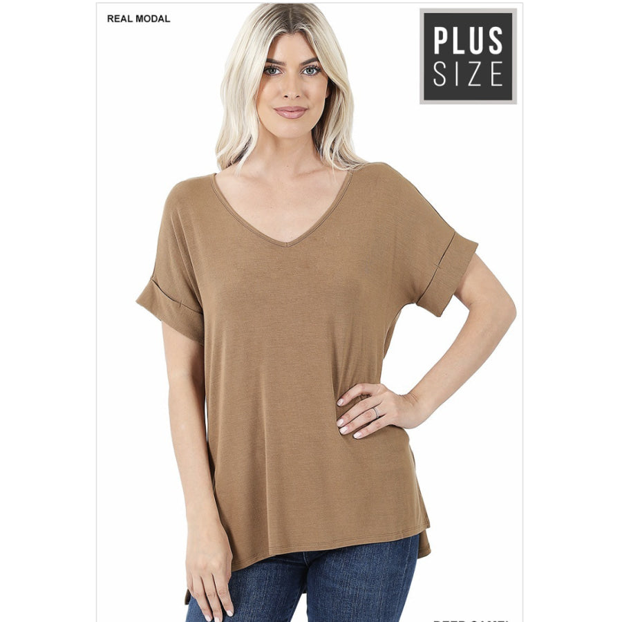 NEW! Luxe Modal Short Sleeve V-Neck Top with High-Low Hem Deep Camel / 1XL Tops