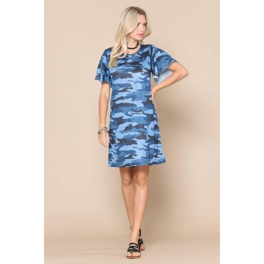NEW! Navy Blue Camouflage Short Sleeve Dress Dresses