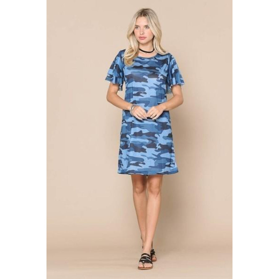 NEW! Navy Blue Camouflage Short Sleeve Dress Dresses