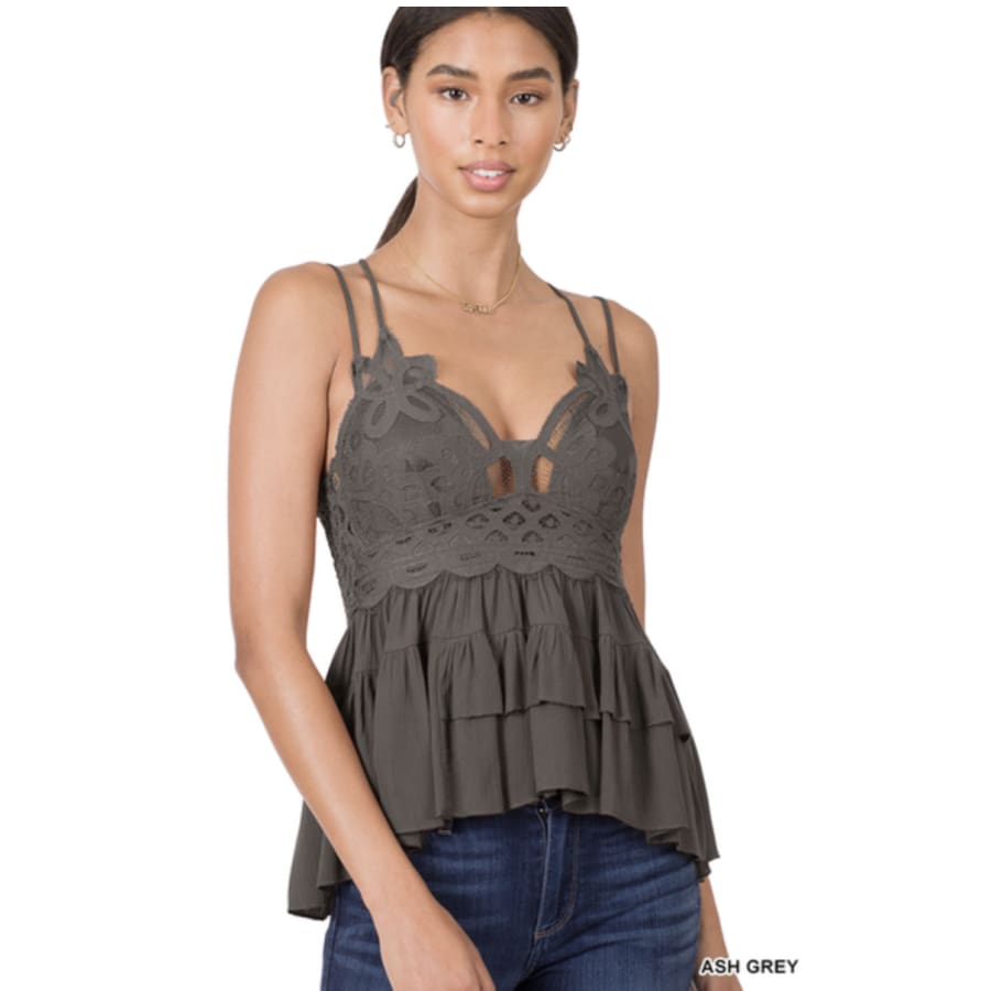 NEW! Crochet Lace Peplum Camisole with Removable Bra Pads Ash Grey / S Bra