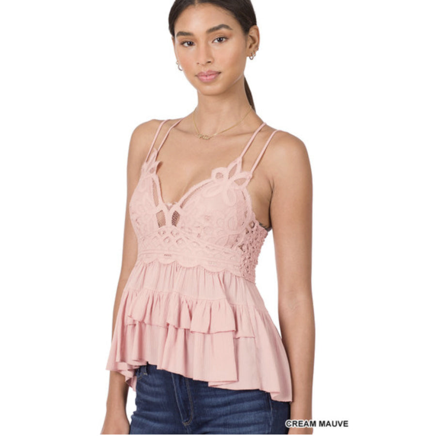 NEW! Crochet Lace Peplum Camisole with Removable Bra Pads Cream Mauve / S Bra