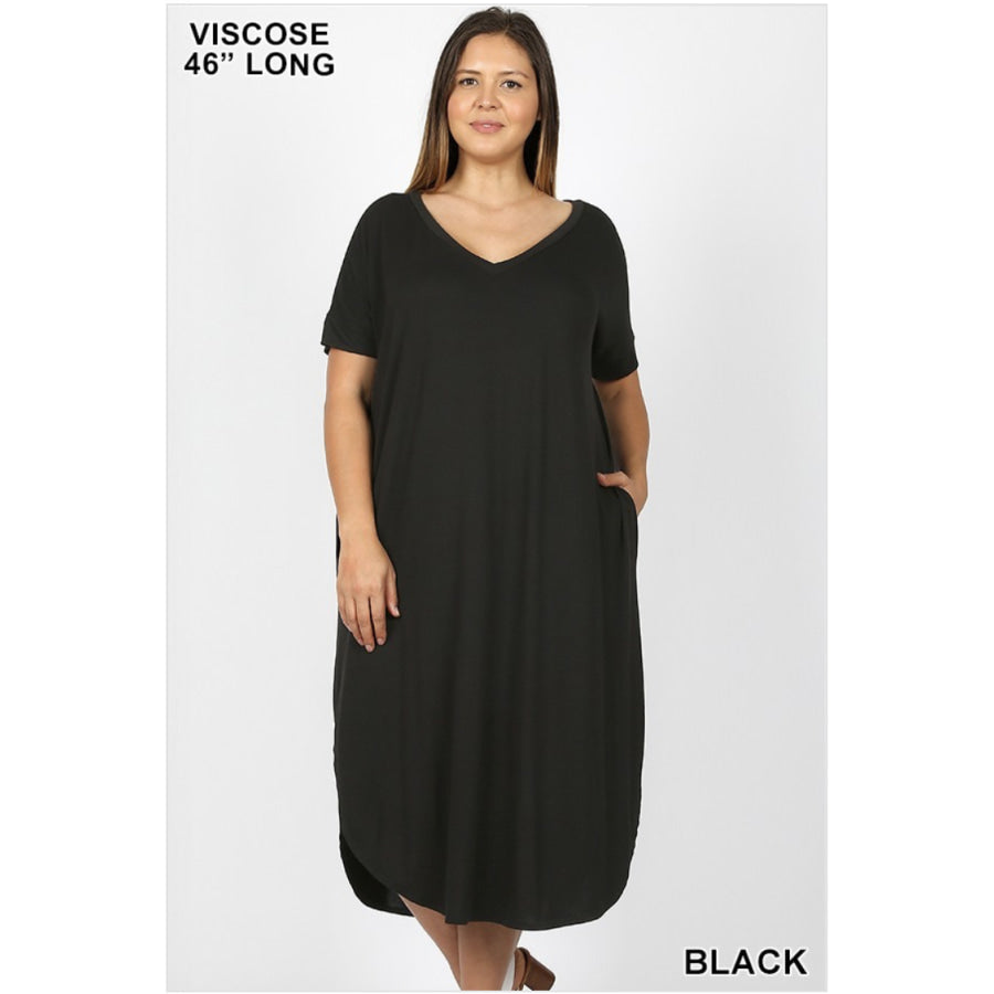 NEW! Viscose Short Sleeve V-Neck Round Hem Dress With Side Pockets Black / 1XL Dresses