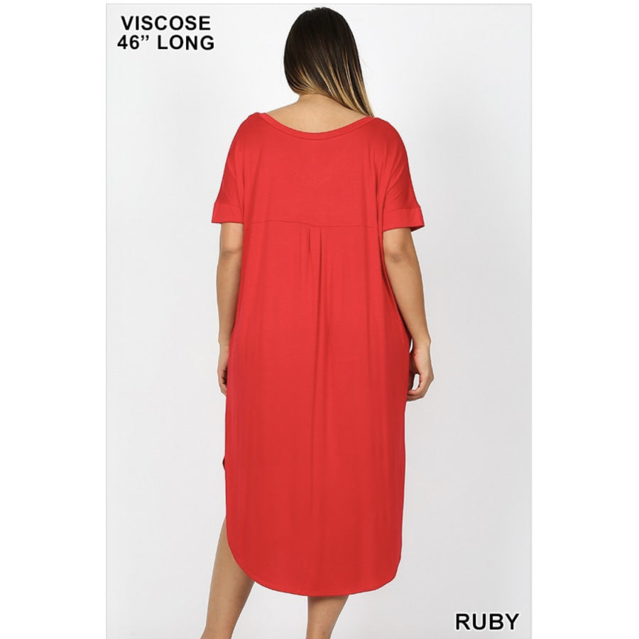 NEW! Viscose Short Sleeve V-Neck Round Hem Dress With Side Pockets Dresses