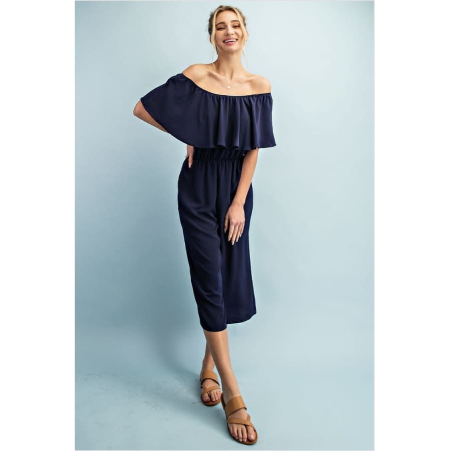 NEW! Off the Shoulder Capri Romper with Elastic Waist and Wide Leg Navy / S Jumpsuits and Rompers