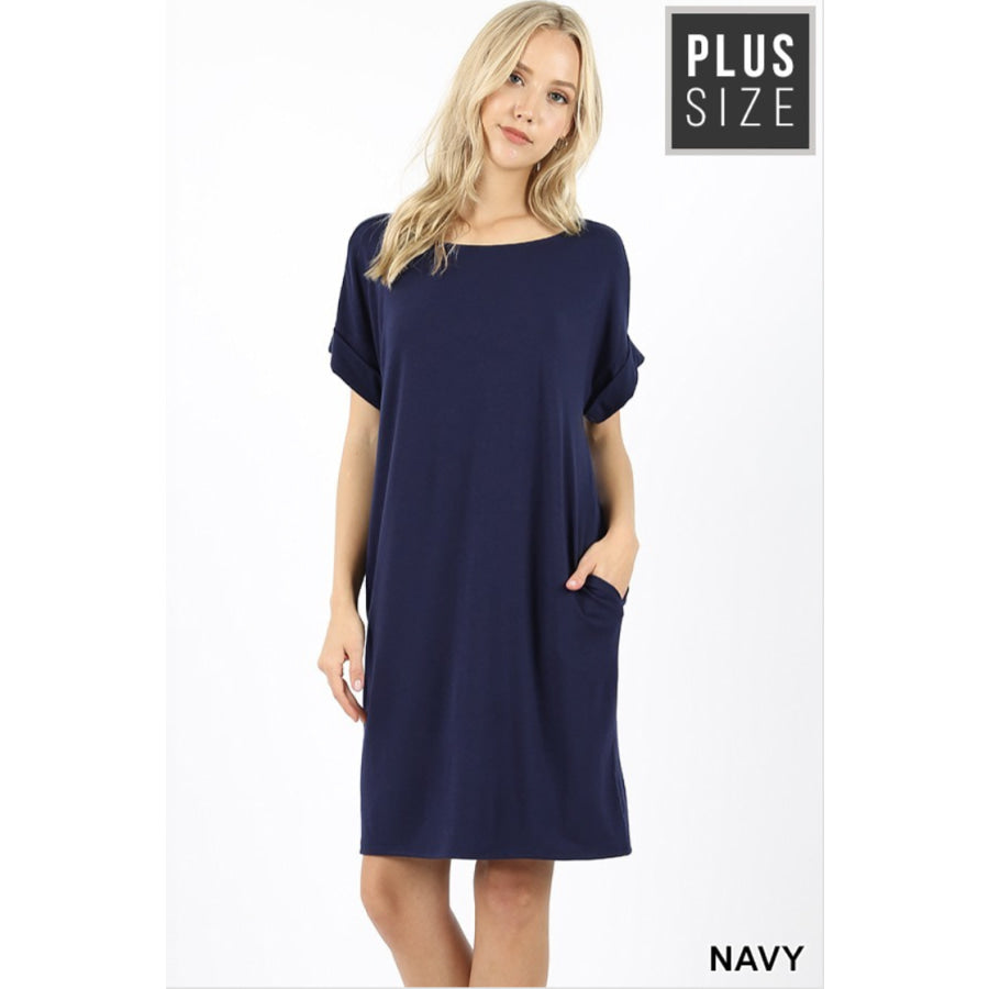 Now here! Rolled Short Sleeve Round Neck Dress 3XL / Navy Dresses