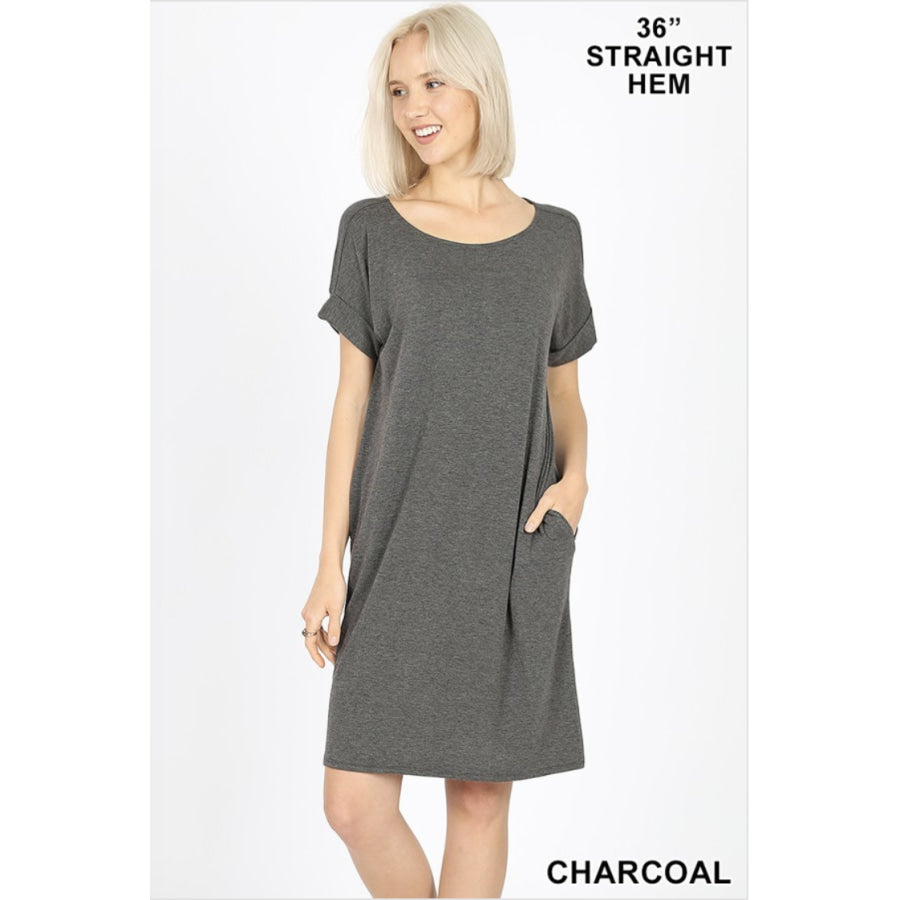 Now here! Rolled Short Sleeve Round Neck Dress S / Charcoal Dresses