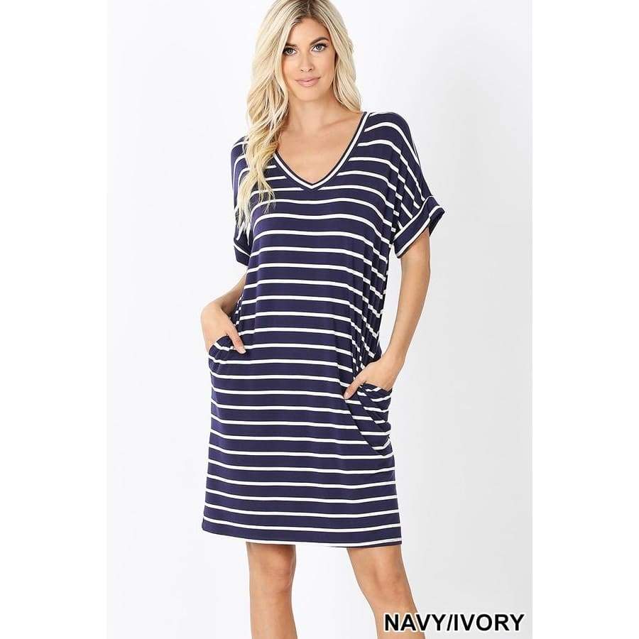 NEW! Rolled Short Sleeve V-Neck Striped Dress with Pockets S / Navy/Ivory Dresses