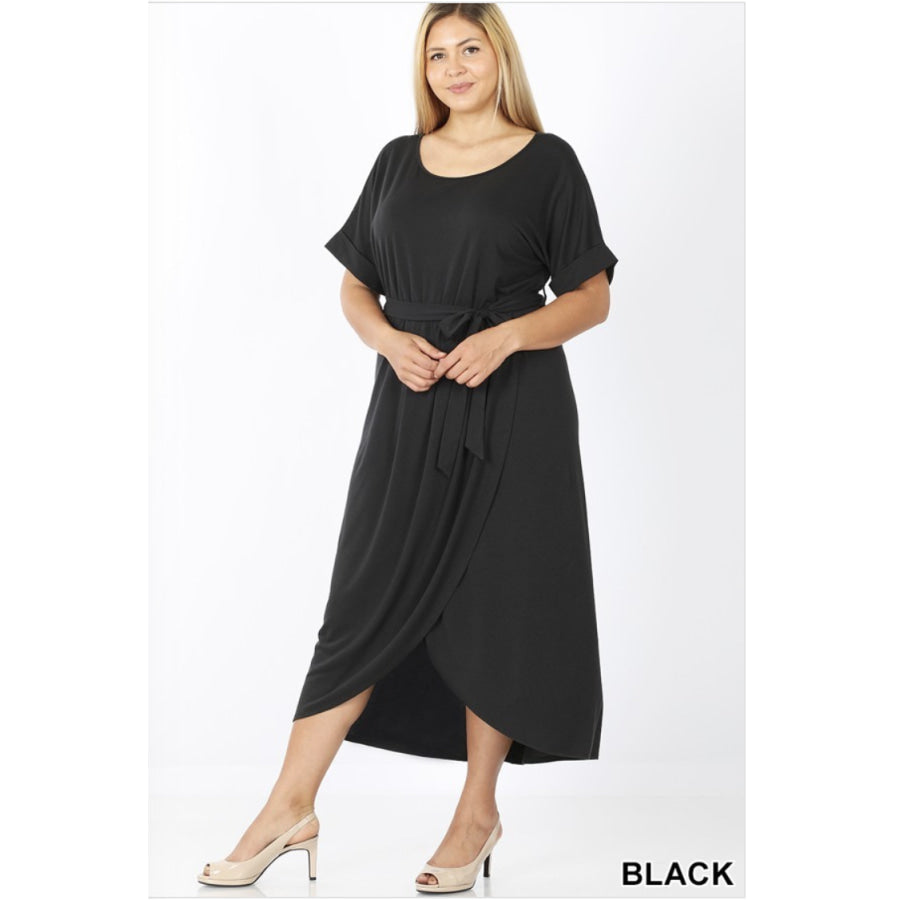 Rolled Sleeve Tulip Dress with Belt 1XL Dresses