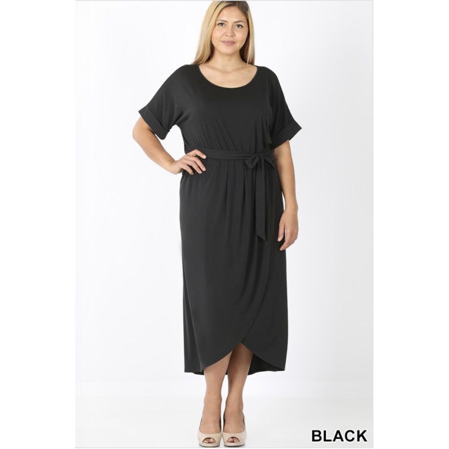 Rolled Sleeve Tulip Dress with Belt Dresses