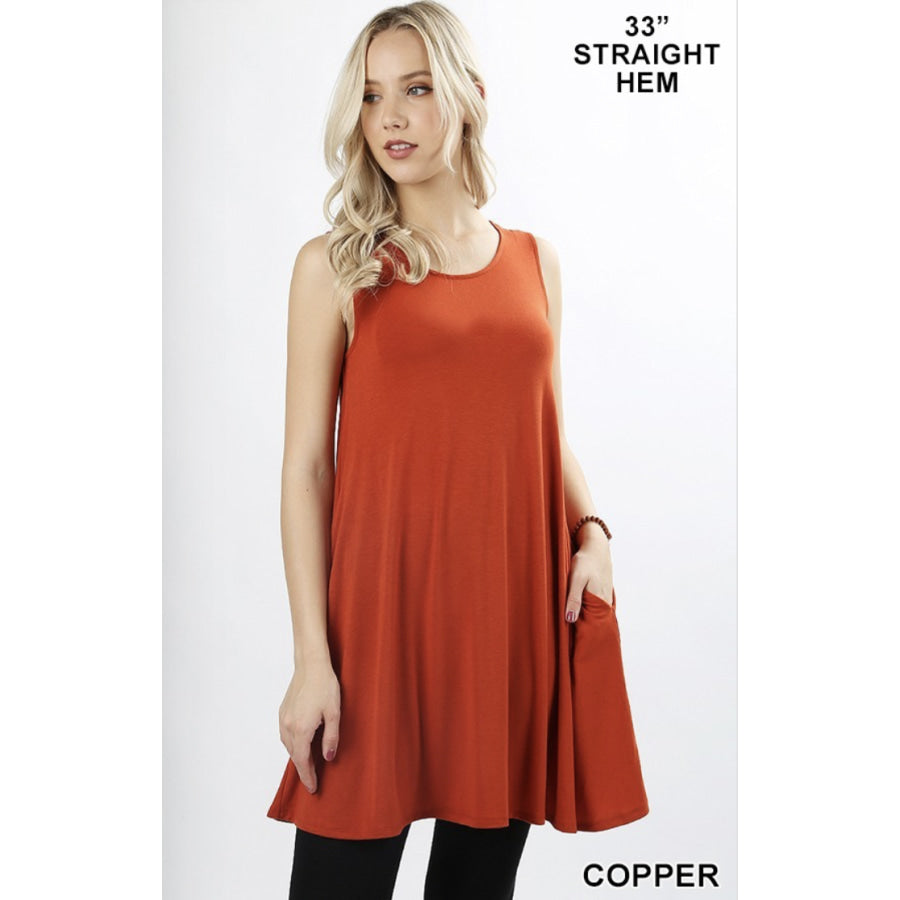 Round Neck Sleeveless Straight Hem Tunic with Pockets XL / Copper Tops